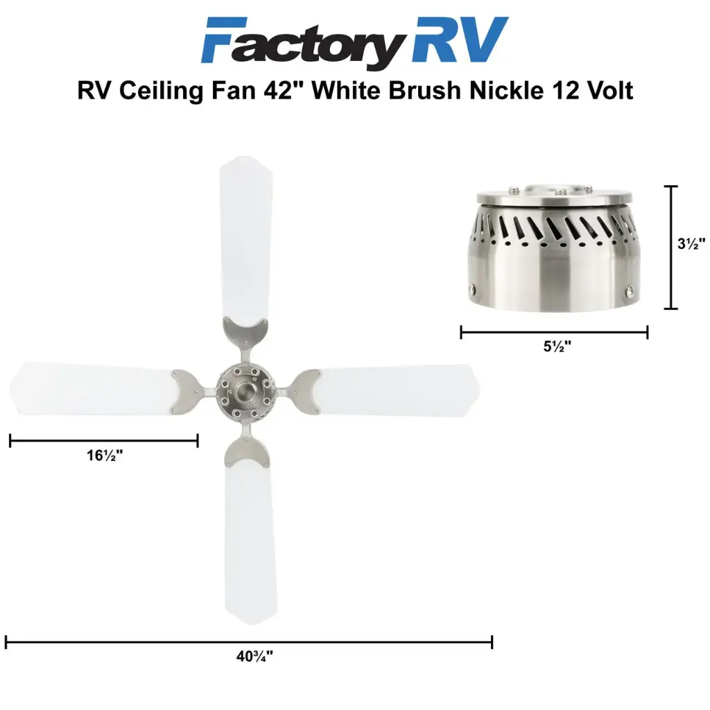 RV Ceiling Fan | 42" White Brush Nickle | 12 Volt