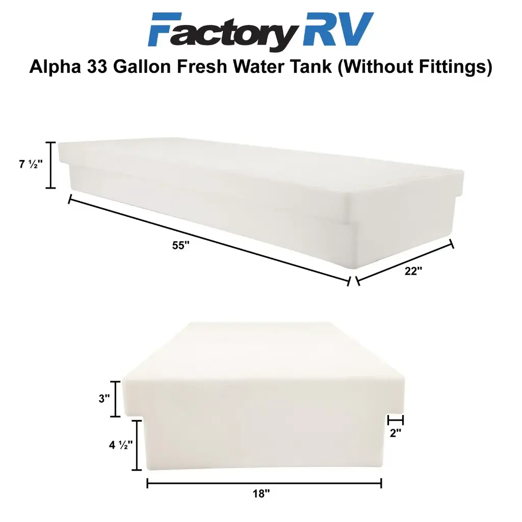RV Fresh Water Tank 33 Gallon | 55" x 22" x 7 ½" | Alpha VR225575W (without fittings)