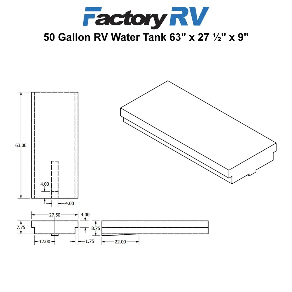 RV Fresh Water Tank 50 Gallon | 63" x 27 ½" x 9" | NSF Certified and BPA Free VR27638W (without fittings)