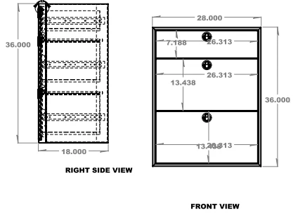 15" Three Drawer Base Cabinet: 15" Length x 18" Deep x 36" Height