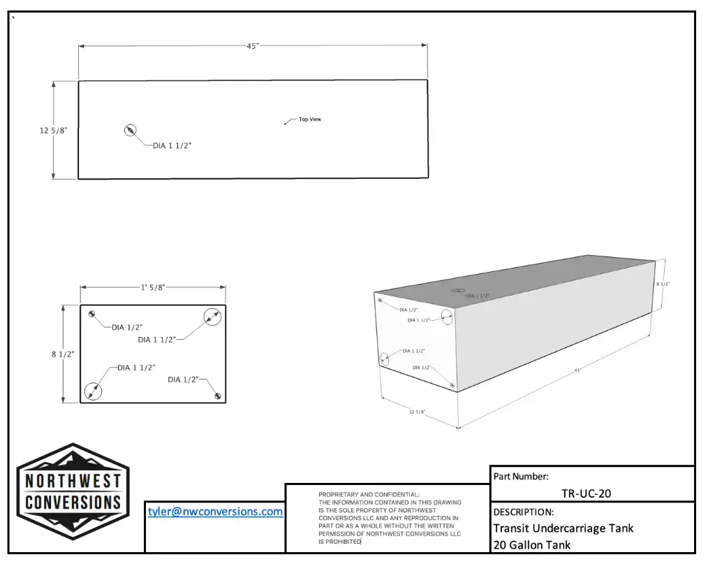NW Conversions 20 Gallon Driver Side Transit Undercarriage Water Tank (TR-UC-20) 5.webp