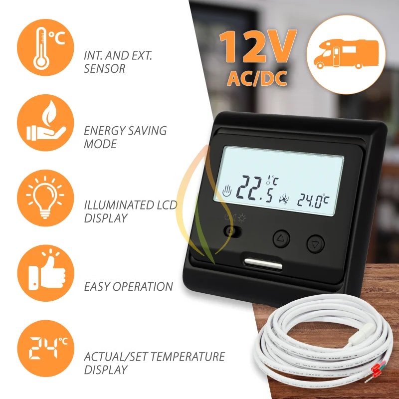 M3 thermostat 12V AC/DC, black - For 12V Heating Film