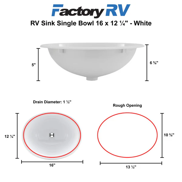 RV Sink Single Bowl 16" Long x 12 ¼"