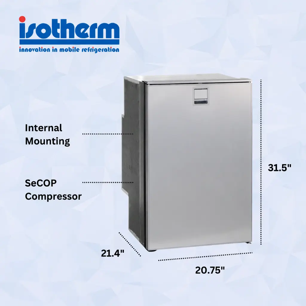 Réfrigérateur-congélateur électrique Isotherm F115RSBAS7 Freeline 115 Silver Elegance pour VR, alimenté en courant alternatif et continu – 4,1 pieds cubes