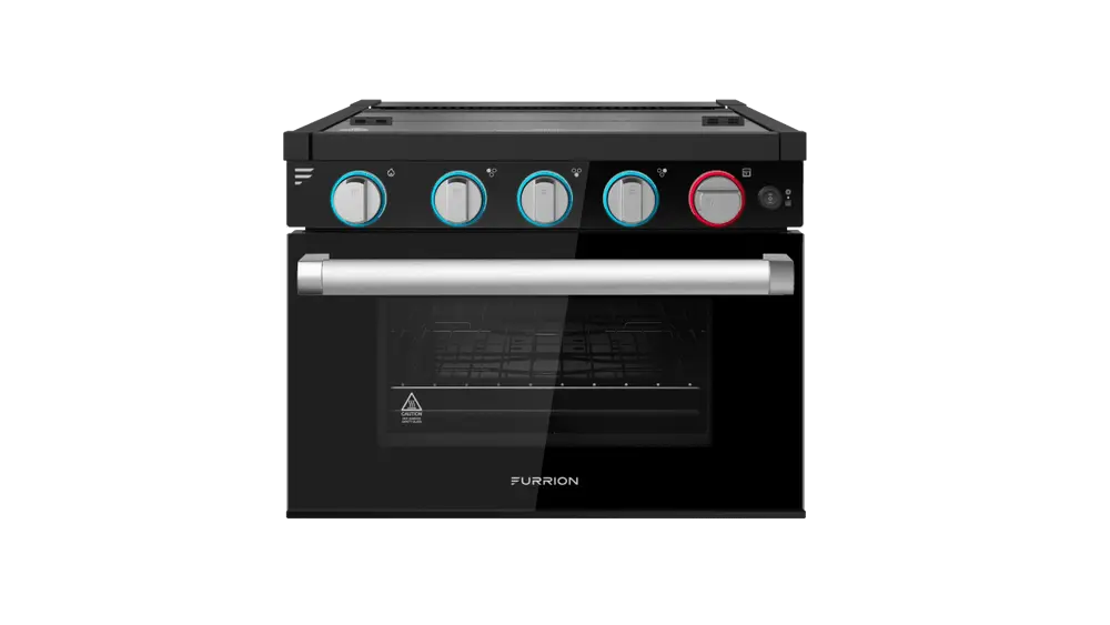 Furrion 3-Burner RV Gas Range Oven with Flame Sense (FFD) - 17", Glass Cover, Black & Stainless Steel Finish