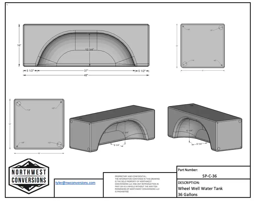 NW Conversions 36 Gallon Wheel Well Water Tank - Centered (SP-C-36) 